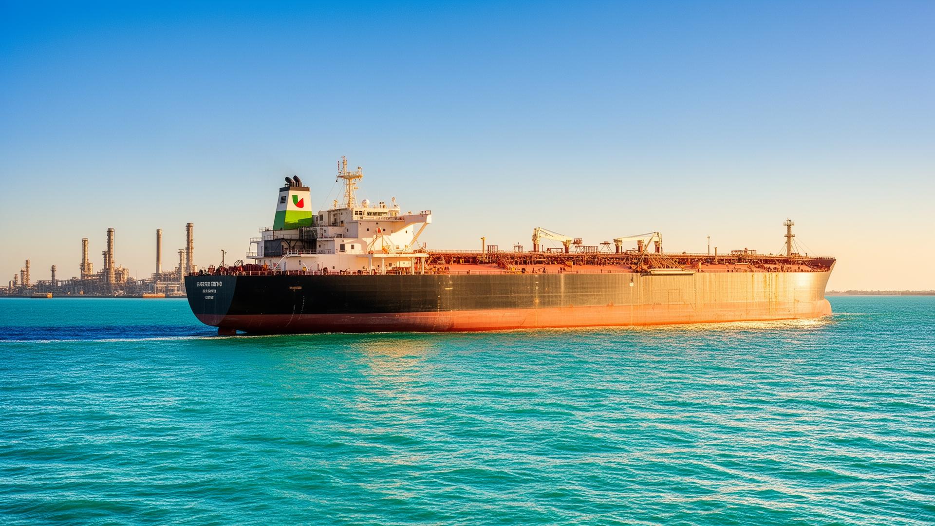 Oil tanker at sea with refinery in distance